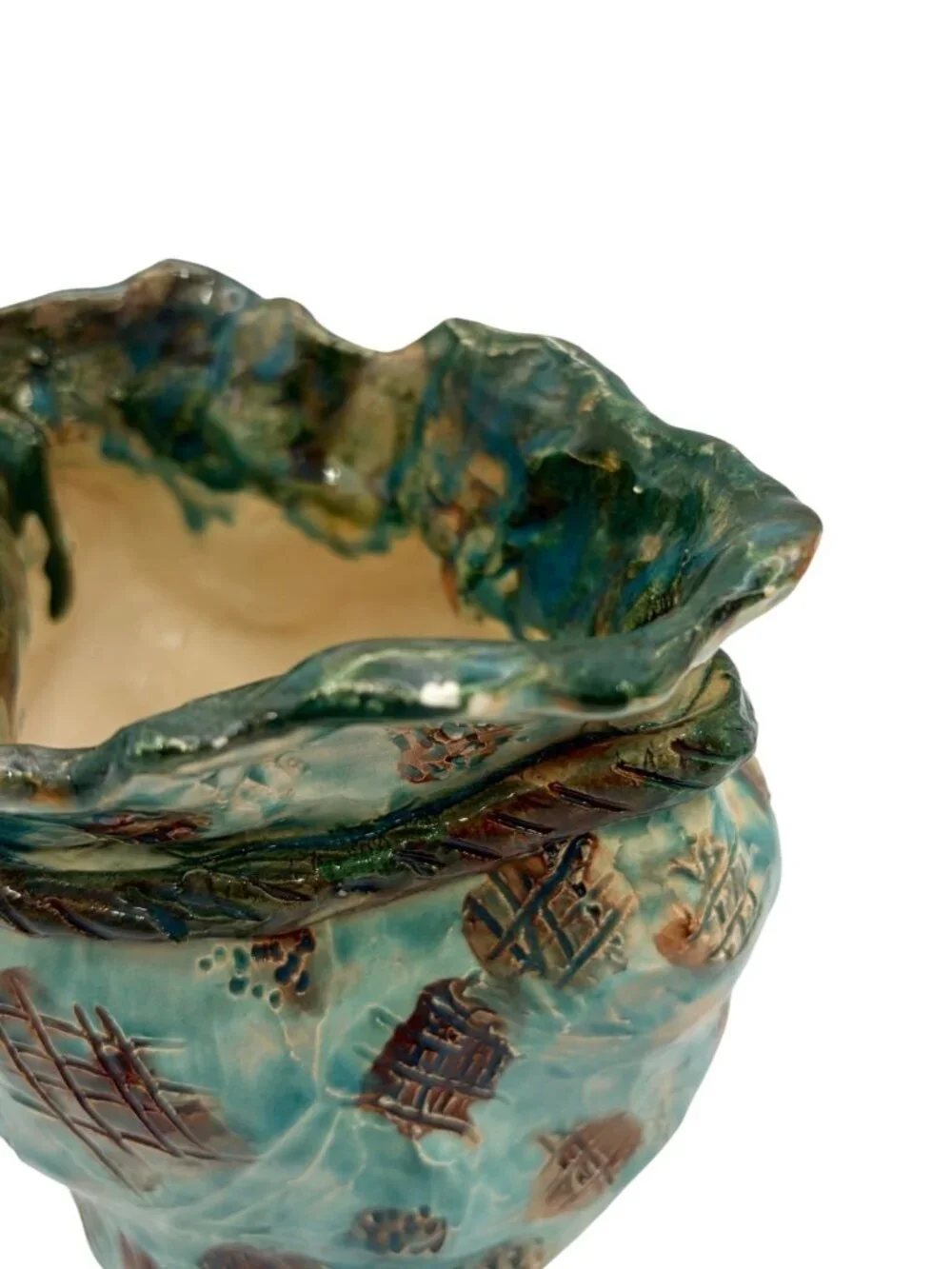 Signed Studio Pottery Vase Teal Drip Glaze Sculptural Art Vessel 5.5in Retro MCM